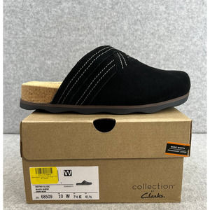 Clarks Black Suede Brynn Glide Wide Width Clog Mule